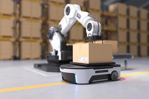 Der Roboterarm nimmt die Kiste zum autonomen Robotertransport in Lagern auf, Lagerautomatisierungskonzept. foto