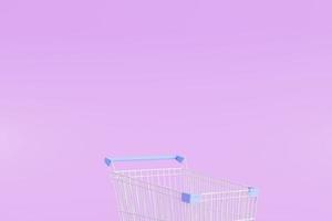 Hellblauer Einkaufswagen mit hellviolettem Hintergrund, 3D-Darstellung foto