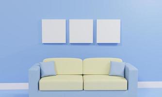 minimalistisches wohnzimmer mit sofa gegen blaue wand, 3d-rendering foto