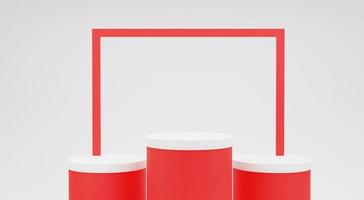 roter Hintergrund. drei weiße Podium minimalistische Mock-up-Szene für Kosmetik oder ein anderes Produkt, 3D-Rendering foto