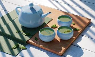 Teekanne und Teetasse in einer himmelblauen Tasse mit grünem Blatt, Teatime-Konzept, 3D-Rendering foto