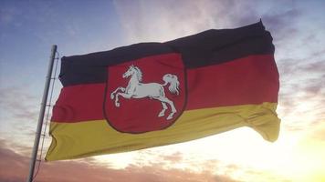 niedersächsische flagge, deutschland, weht im wind, himmel und sonnenhintergrund. 3D-Rendering foto