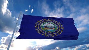 New Hampshire Flagge auf einem Fahnenmast weht im Wind, blauer Himmelshintergrund. 3D-Rendering foto