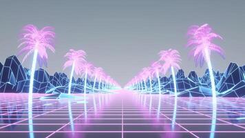 Retro-Synthwave-Hintergrund. Synthwave-Drahtgitternetz. 3D-Rendering foto