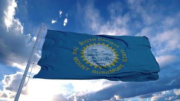 South Dakota Flagge auf einem Fahnenmast weht im Wind, blauer Himmelshintergrund. 3D-Rendering foto