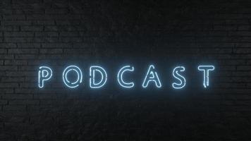 podcast-leuchtreklame auf dunklem backsteinmauerhintergrund. 3D-Darstellung foto
