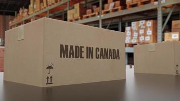 Schachteln mit dem Text „Made in Canada“ auf dem Förderband. 3D-Rendering