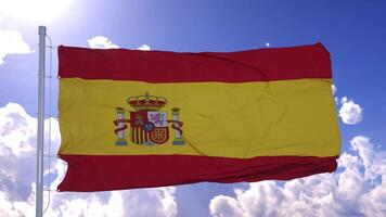 spanische Flagge im Wind flattern. Nationalflagge vor blauem Himmel. 3D-Rendering foto