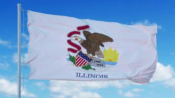 Illinois Flagge auf einem Fahnenmast weht im Wind, blauer Himmelshintergrund. 3D-Rendering foto