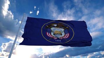 Utah Flagge auf einem Fahnenmast weht im Wind, blauer Himmelshintergrund. 3D-Rendering foto