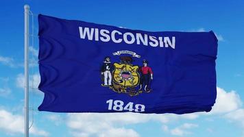 Wisconsin-Flagge auf einem Fahnenmast weht im Wind, blauer Himmelshintergrund. 3D-Rendering foto