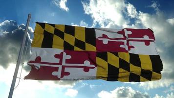 Maryland-Flagge auf einem Fahnenmast weht im Wind, blauer Himmelshintergrund. 3D-Rendering foto