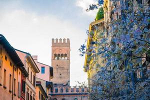 Spitze des Turms des Palastgebäudes Palazzo Re Enzo und Blüte Flieder zwischen den Gebäuden foto