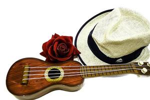 Akustikgitarre und rote Rosenblüte, isoliert auf weiß foto