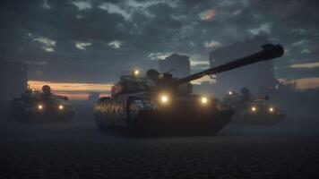 Krieg in der zerstörten Stadt. Militärpanzer in der zerstörten Stadt. 3D-Rendering foto