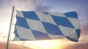 bayerische flagge, deutschland, weht im wind, himmel und sonnenhintergrund. 3D-Rendering foto