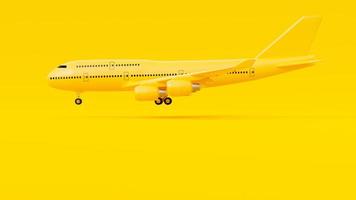 gelbe Flugzeugseite, die ihr Rad auf gelbem Hintergrund entfaltet. minimales ideenkonzept, 3d-rendering. foto
