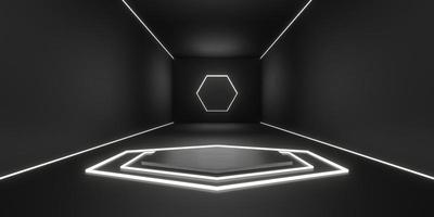 Technologie Boden und Wand Hintergrund der Produktbasis im Raum mit Hexagon-Laserlicht foto