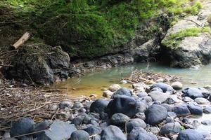 viele schwarze Steine, bemooste Steine und Wasserpfützen am Flussufer foto