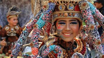 schöne frauen nehmen teil, indem sie einzigartige kostüme beim pekalongan-batik-karneval, pekalongan, indonesien, tragen foto