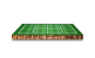 Boden kubischer Querschnitt mit Gras Tennisplatz Feld isoliert auf weißem Hintergrund. 3D-Rendering. foto