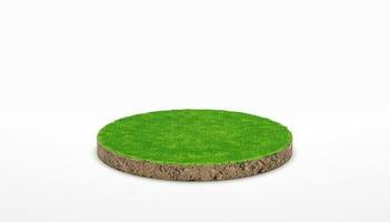 3D-Rendering. runder bodengrundquerschnitt mit grünem gras auf weißem hintergrund. foto