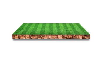 Bodenquerschnitt mit Gras Fußballfeld isoliert auf weißem Hintergrund. 3D-Rendering. foto