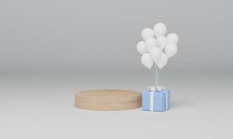 Holzpodeste und Geschenkbox mit Ballon auf weißem Hintergrund. abstrakte minimale szene mit geometrisch. Attrappe, Lehrmodell, Simulation. 3D-Darstellung, 3D-Rendering. foto