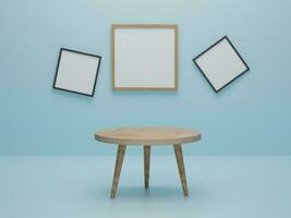 abstrakte Minimalszene mit geometrischen Formen. Runder Holztisch mit Fotorahmen-Hintergrundpräsentationsmodell. 3D-Darstellung, 3D-Darstellung foto