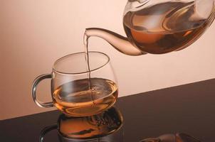 Teekanne aus transparentem Glas und Tasse mit Tee foto