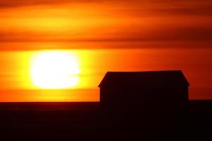 untergehende Sonne hinterleuchtet landwirtschaftliche Gebäude foto