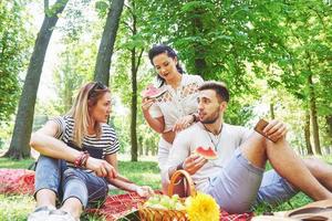 eine gruppe von freunden, die an einem sonnigen tag in einem park picknicken - leute hängen ab, haben spaß beim grillen und entspannen foto