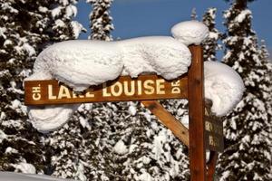 Schnee auf Lake Louise Drive Schild verpackt foto