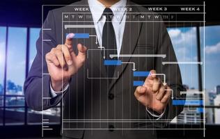 Arbeits- und Aktualisierungsaufgaben des Projektmanagers mit Meilenstein-Fortschrittsplanung und Gantt-Diagramm-Planungsdiagramm. Geschäftlich arbeiten foto