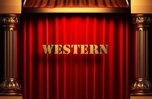 westliches goldenes Wort auf rotem Vorhang foto