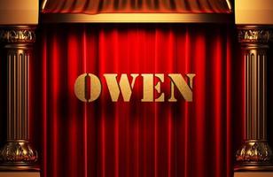 owen goldenes Wort auf rotem Vorhang foto
