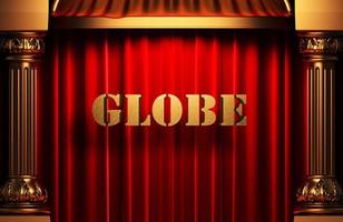 Globus goldenes Wort auf rotem Vorhang foto