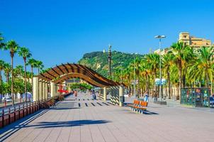 barcelona, spanien - 11. juni 2017 promenadendamm von barcelona mit holzkonstruktion, palmenallee foto