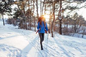 Frau Reisende mit Rucksack Wandern Reisen Lifestyle Abenteuer Konzept Aktivurlaub im Freien. schöne Waldlandschaft foto