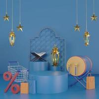 ramadan kareem grußvorlage mit arabischen laternen, trommel, einkaufstasche, prozentsymbol und wagen. podium, das auf dem hintergrund für werbeprodukte steht - 3d-rendering-illustration für karten. foto