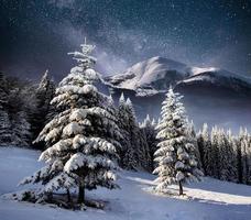 schöne Winterlandschaft in den Karpaten. lebendiger Nachthimmel mit Sternen und Nebel und Galaxien. Deep-Sky-Astrofoto foto