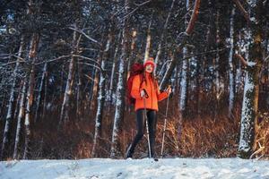 Frau Reisende mit Rucksack Wandern Reisen Lifestyle Abenteuer Konzept Aktivurlaub im Freien. schöne Waldlandschaft foto