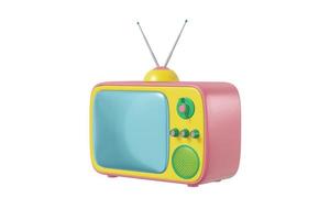 Fernseher mit Antenne im Cartoon-Stil, leuchtend rosa, gelbe Farbe, isolierter weißer Hintergrund. minimalistisches Vintage-Design-Konzept. 3D-Rendering