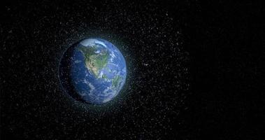 Weltraumschrott, der in der Umlaufbahn des Planeten Erde schwebt. alte Satelliten, Trägerraketen, Metallteile sind eine Bedrohung, weil sie mit den neuen Satelliten kollidieren können. 3D-Darstellung foto