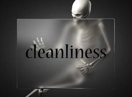 Sauberkeitswort auf Glas und Skelett foto