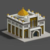 3D-Voxel-Rendering der Moschee-Illustration mit gelbem, weißem und grauem Farbschema. perfekt für islamische veranstaltungen und grußkartenbanner foto