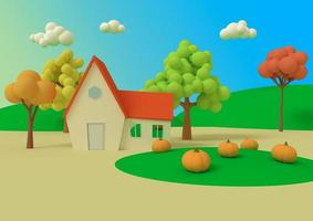 malerische ländliche Landschaft mit Ernte im Cartoon-Stil. 3D-Rendering. Haus im Bereich der Kürbisse auf dem Hintergrund der Herbstprioritäten. foto