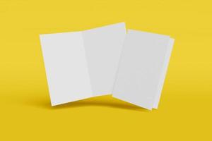 zwei vertikale broschüren, broschüren, einladungen einzeln auf gelbem hintergrund mit festem einband und realistischem schatten. 3D-Rendering. foto