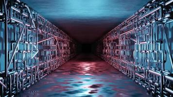 Sci-Fi-Interieur futuristischer Raum Korridor Garage außerirdisches Raumschiff Rohre Kommunikation leuchtendes Neonlicht Nebel 3D-Rendering foto