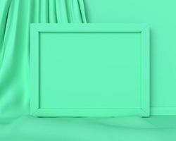 horizontaler Mockup des grünen Rahmens auf einem abstrakten Bild des grünen Gewebehintergrundes. minimales konzeptkunstgeschäft. 3D-Rendering. foto